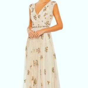 Mac Duggal Blush Nude Beige Beaded Cap Sleeve V-Neck Mesh Gown